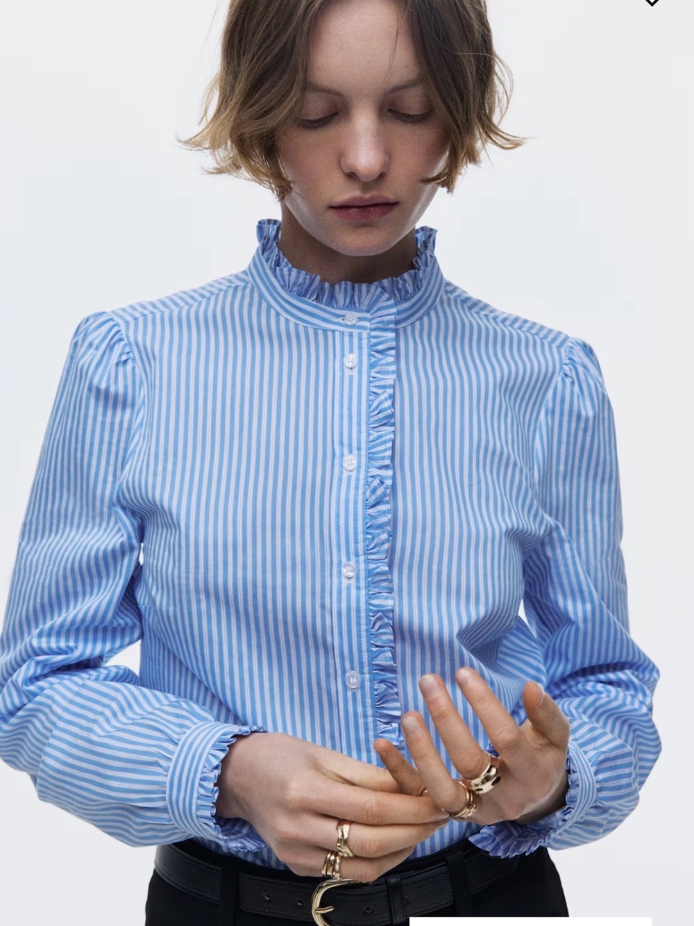 H&M Striped Ruffle-Trim Blue Button-Up Blouse, Small